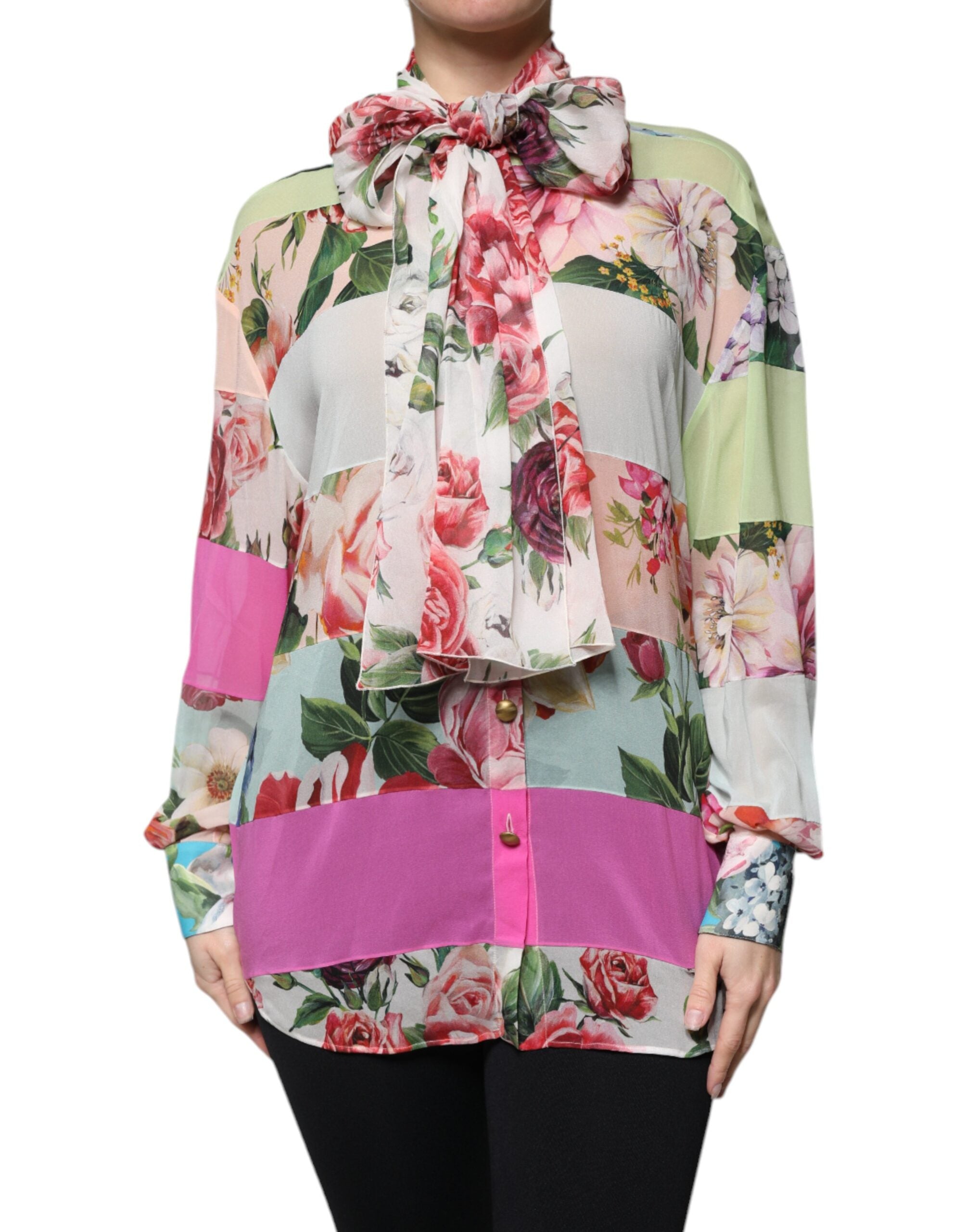 Dolce & Gabbana Multicolor Floral Patchwork Ascot Collar Top-1