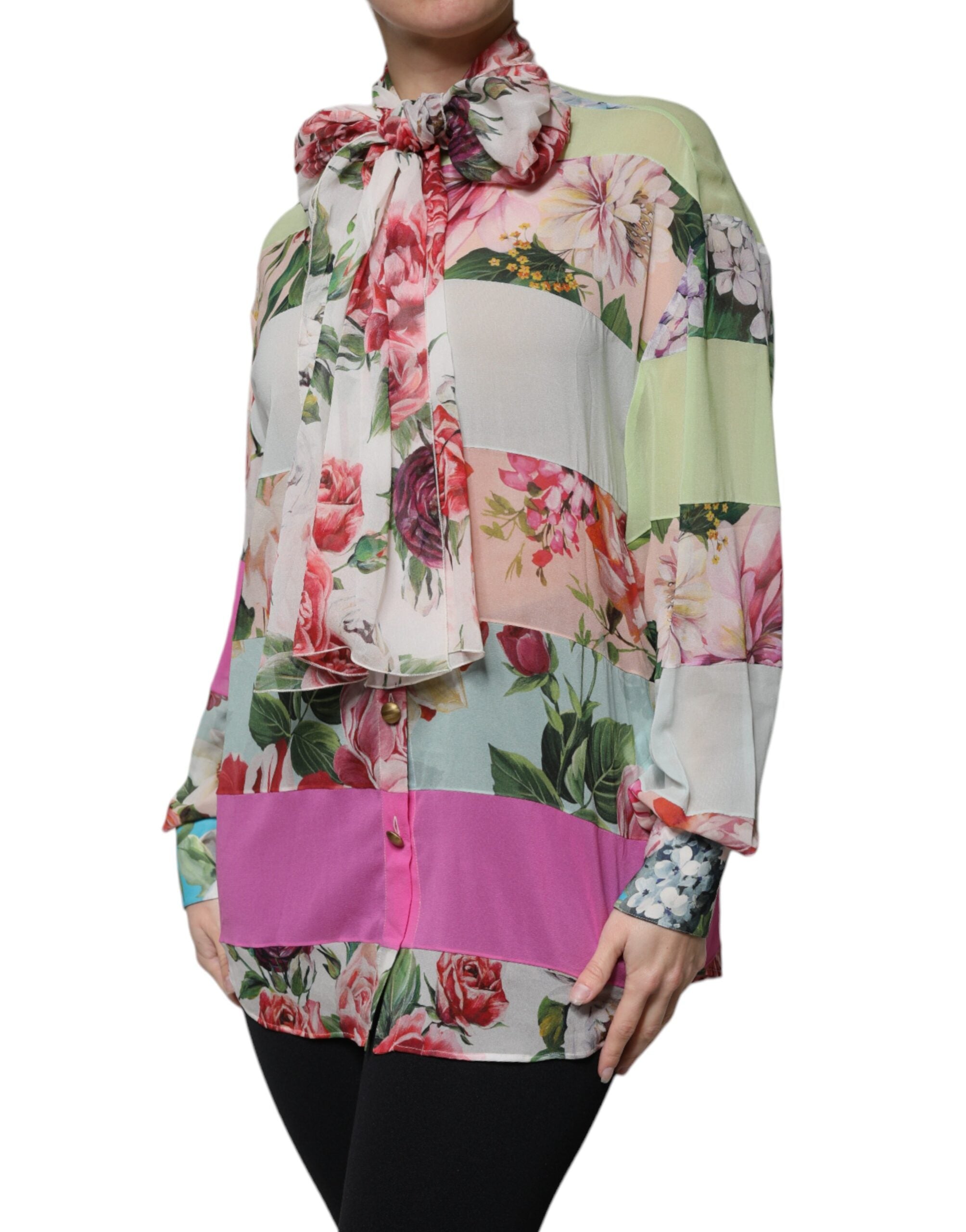 Dolce & Gabbana Multicolor Floral Patchwork Ascot Collar Top-3