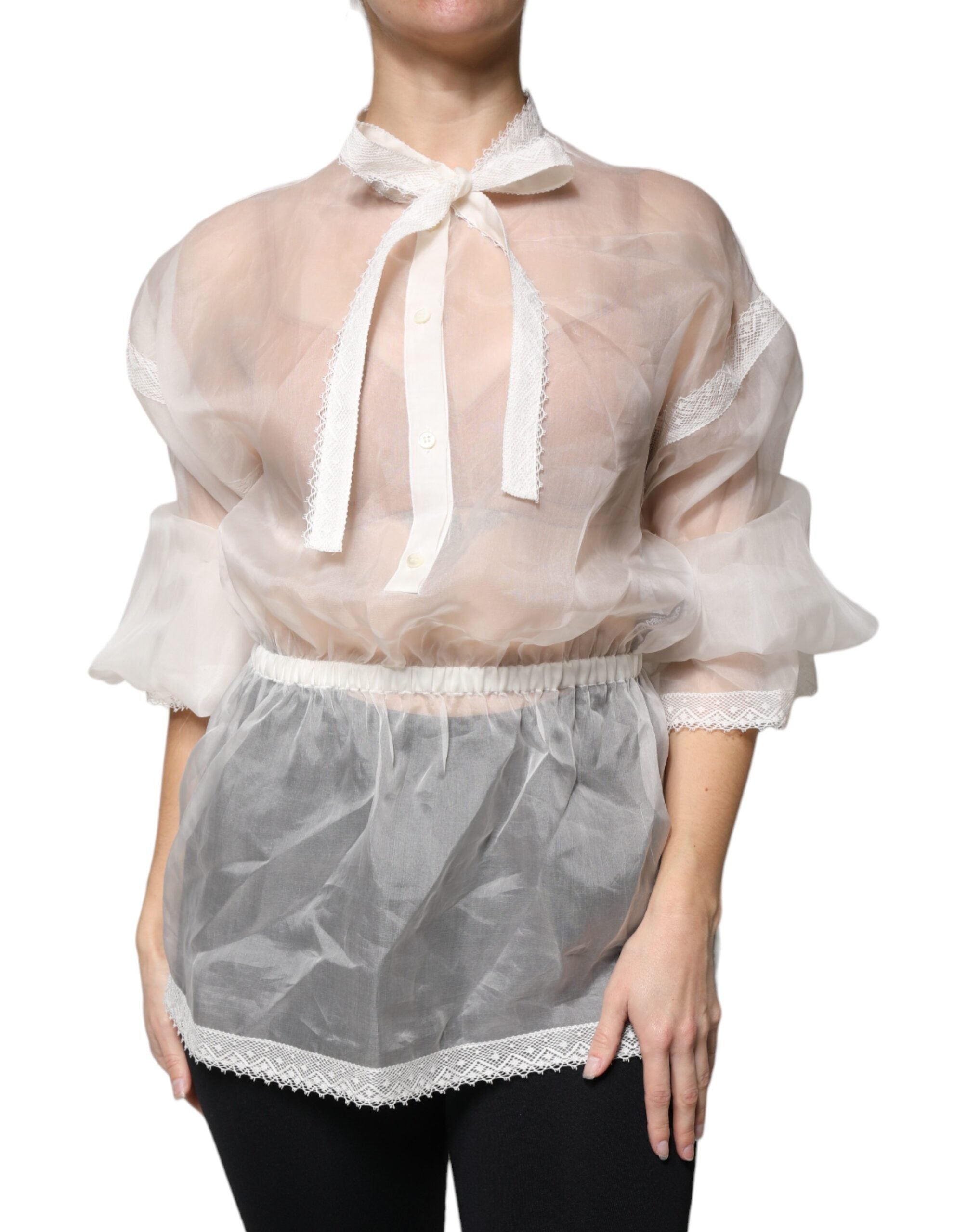 Dolce & Gabbana white blouse top with ascot collar and long sleeves-1