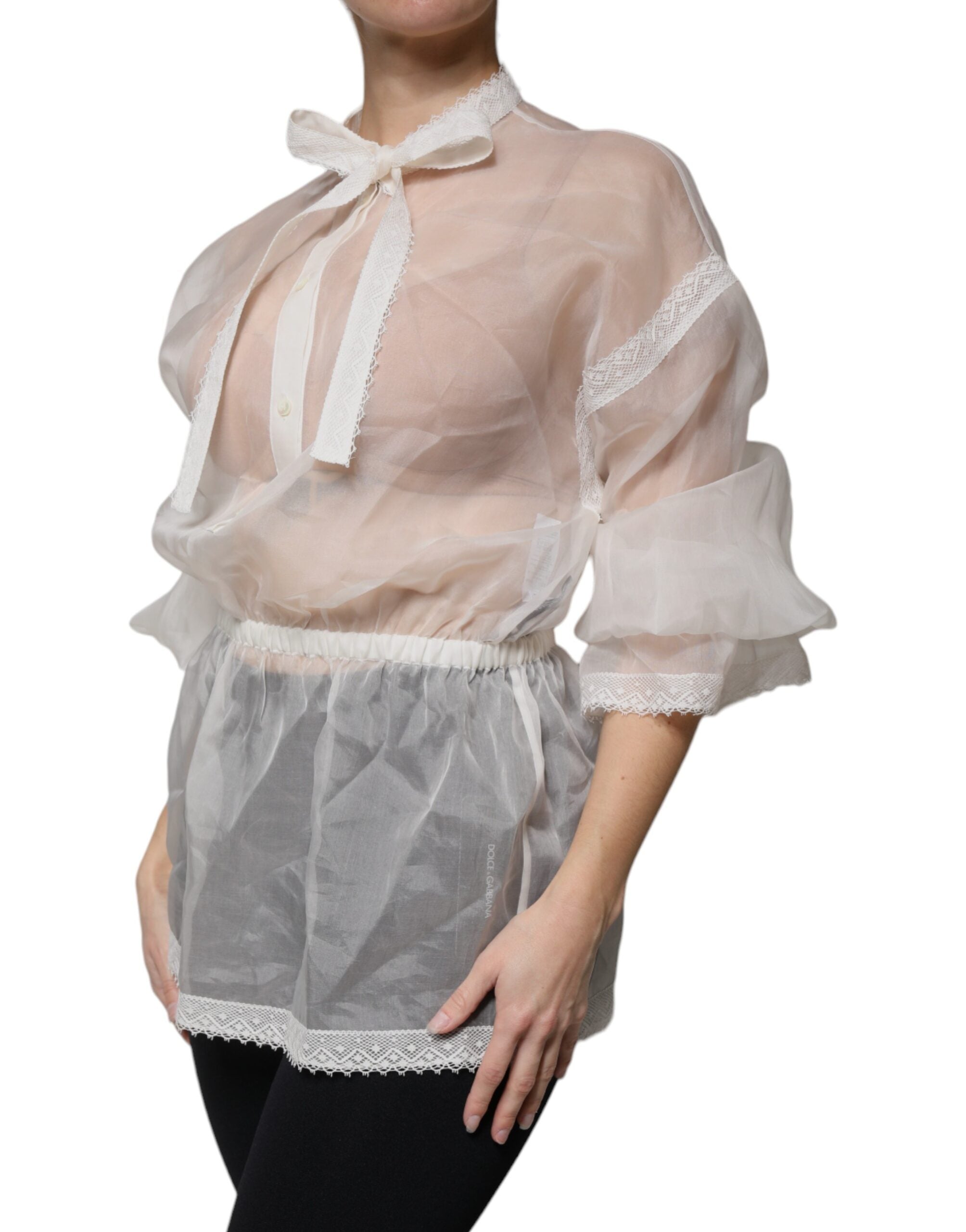 Dolce & Gabbana white blouse top with ascot collar and long sleeves-3