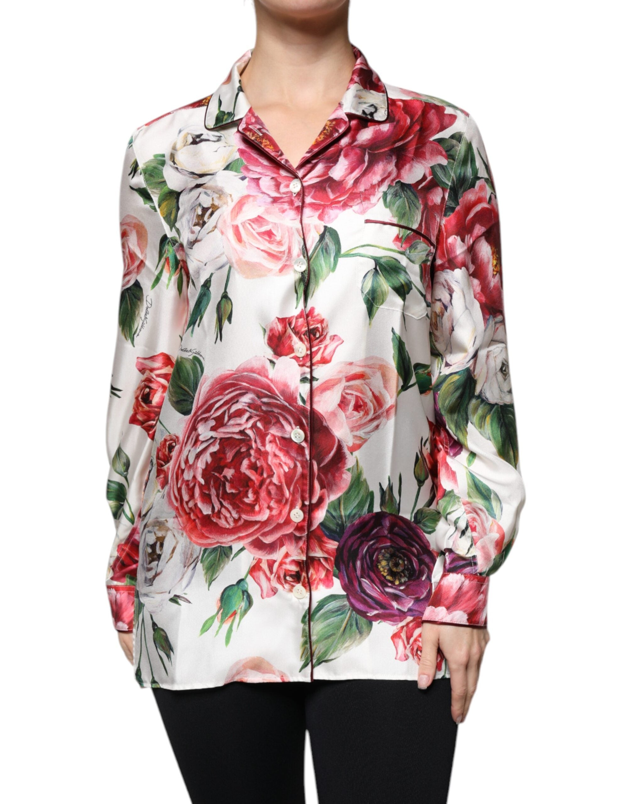 Blusa de manga larga con cuello y peonía de seda blanca de Dolce & Gabbana-1