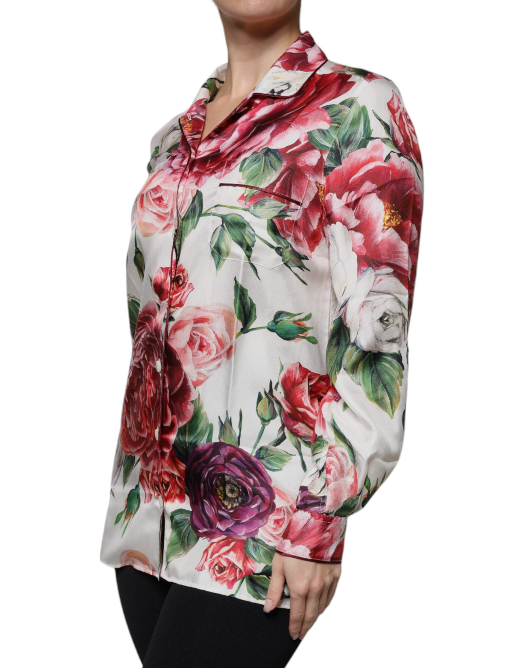 Blusa de manga larga con cuello y peonía de seda blanca de Dolce & Gabbana-3