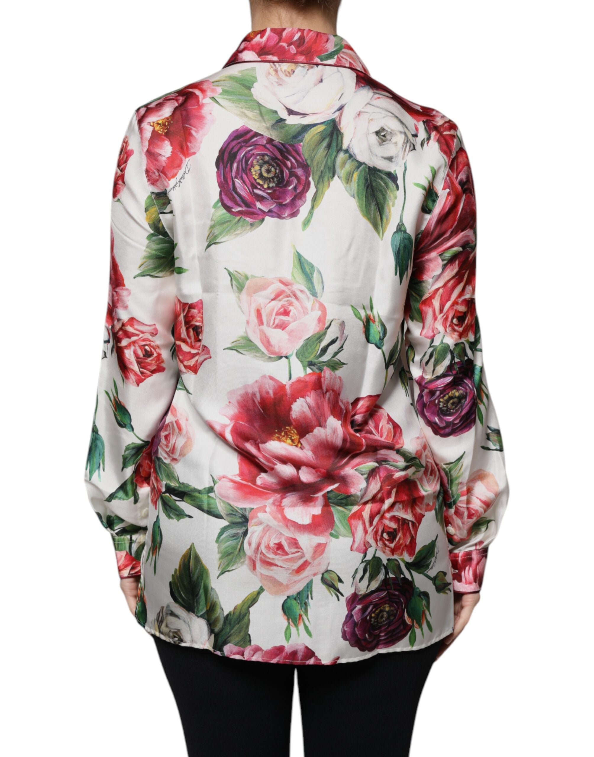 Blusa de manga larga con cuello y peonía de seda blanca de Dolce & Gabbana-4