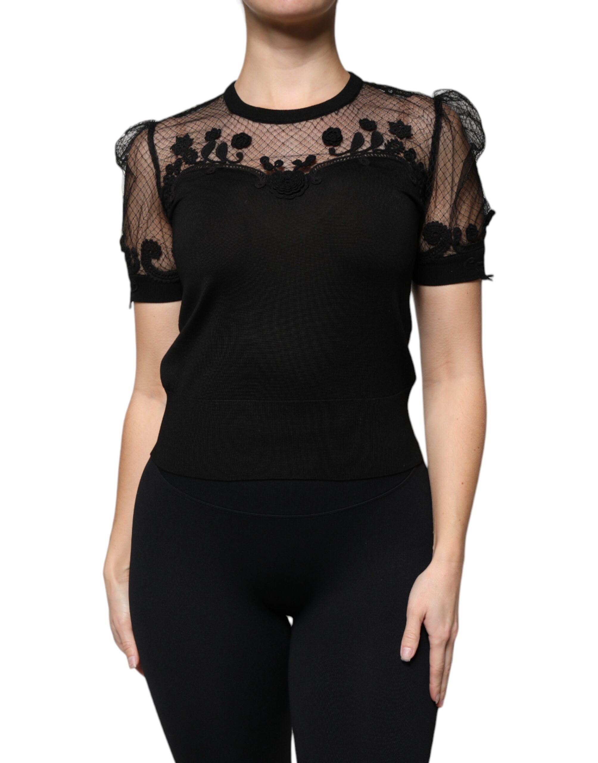 Dolce & Gabbana black blouse top with floral lace and short sleeves-1