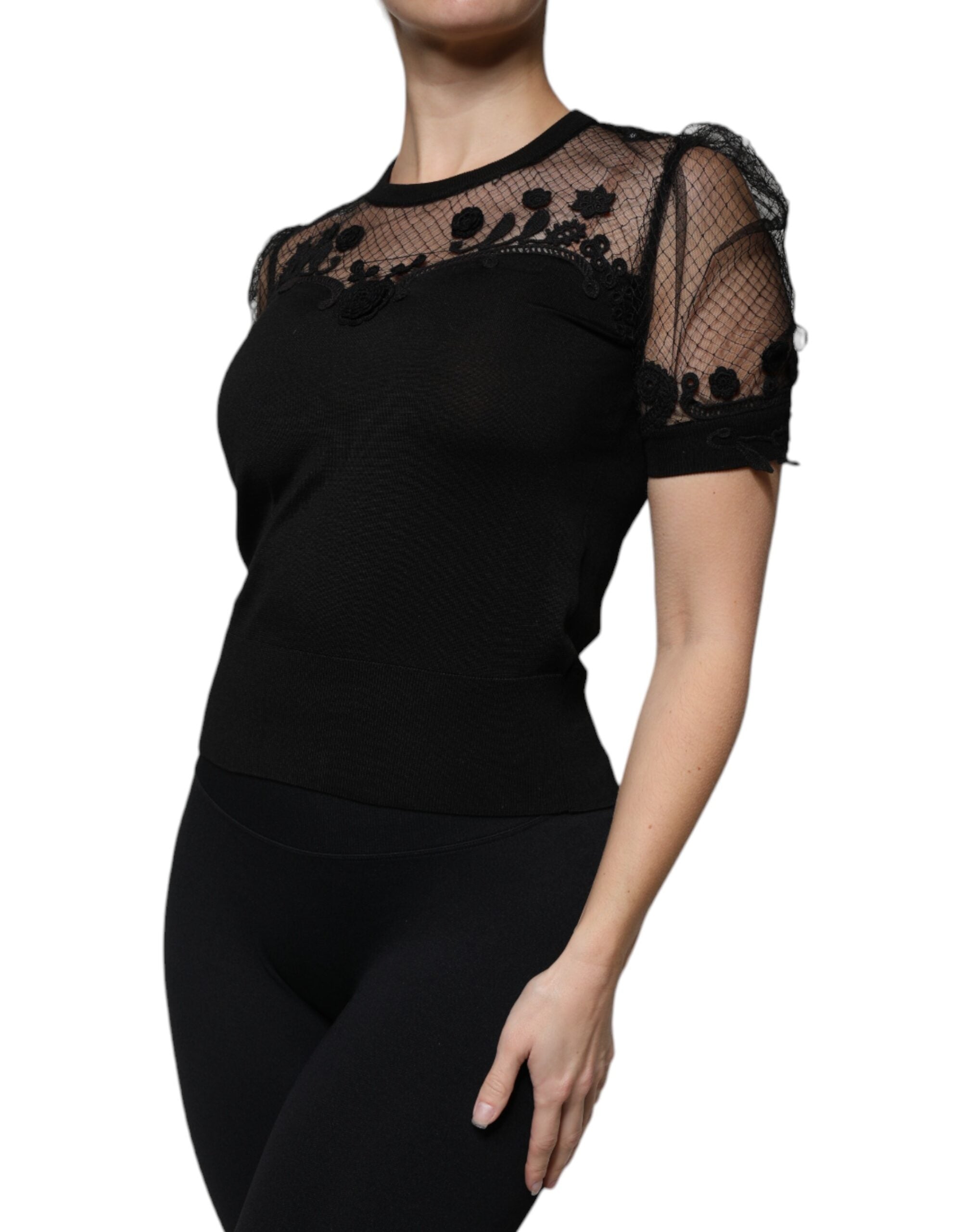 Dolce & Gabbana black blouse top with floral lace and short sleeves-3