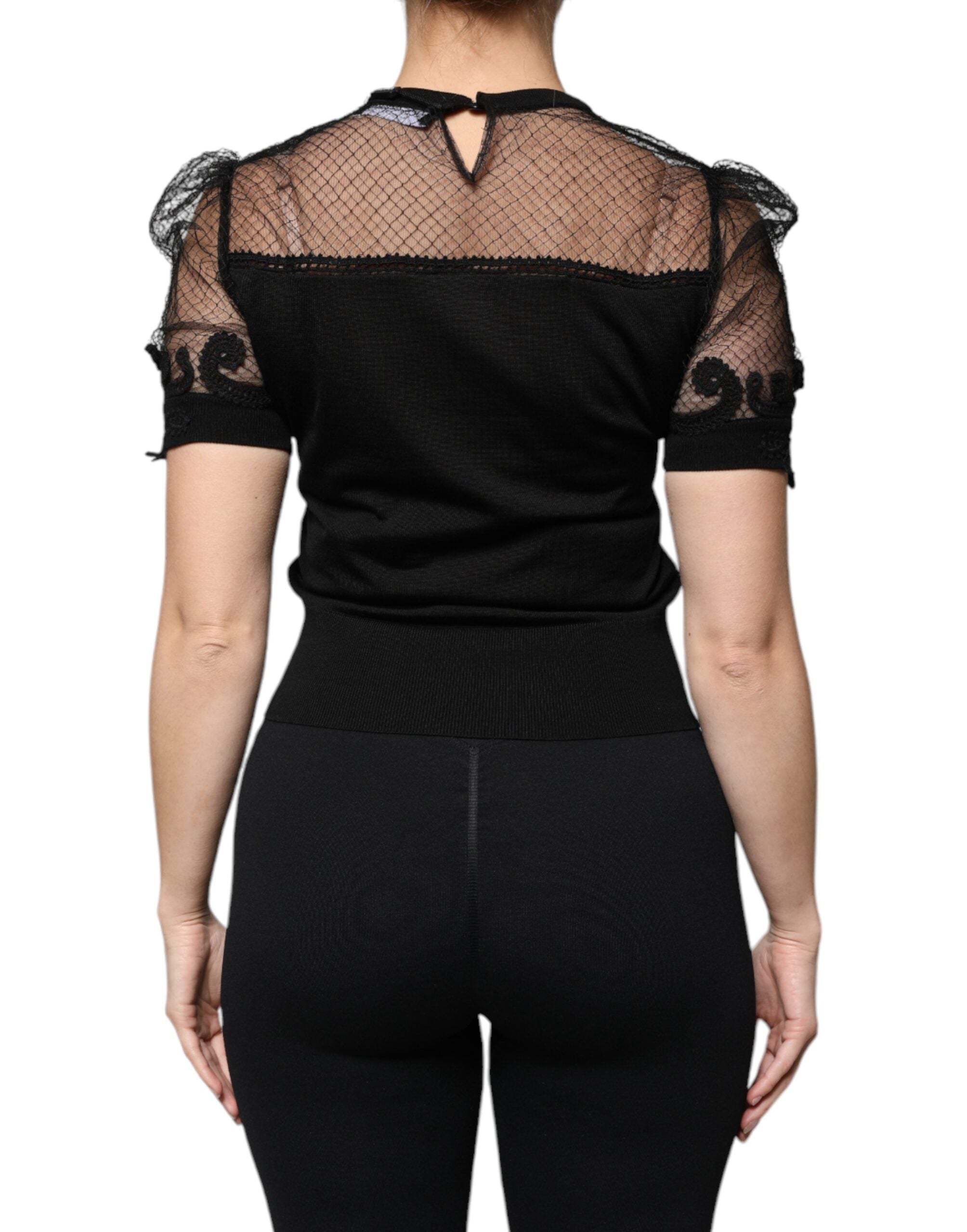 Dolce & Gabbana black blouse top with floral lace and short sleeves-4