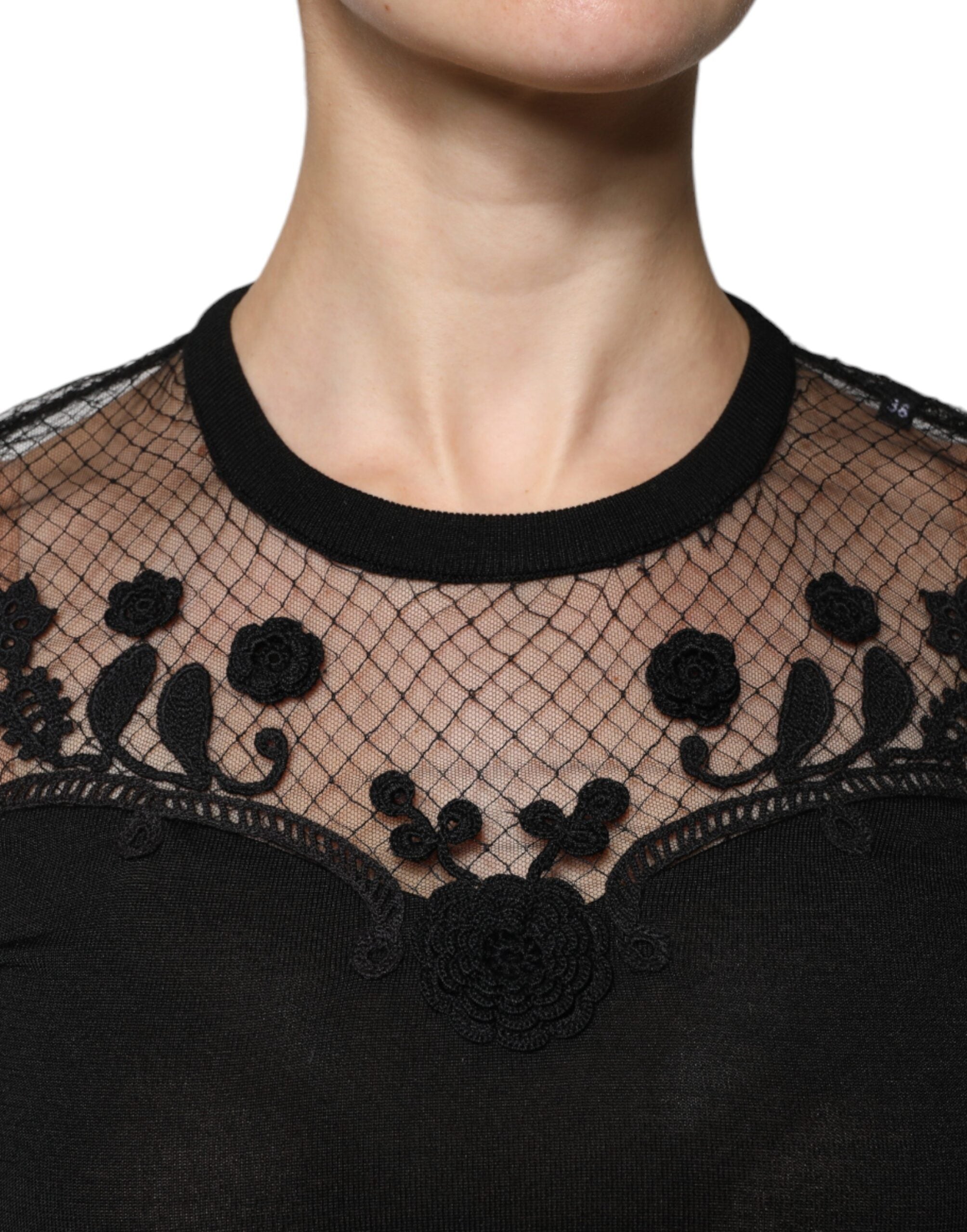 Dolce & Gabbana black blouse top with floral lace and short sleeves-5