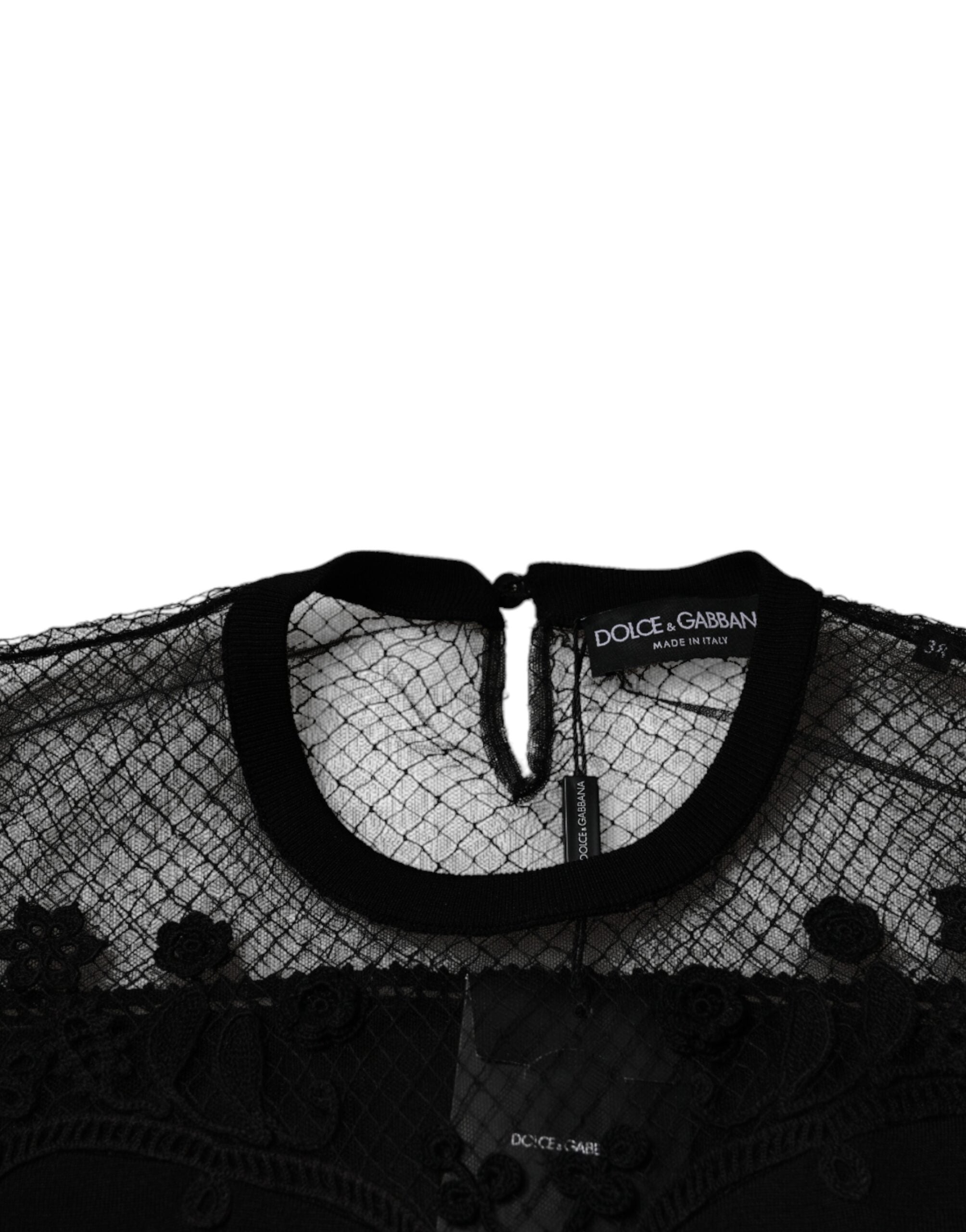 Dolce & Gabbana black blouse top with floral lace and short sleeves-7