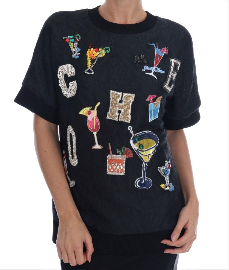 Dolce & Gabbana Black Brocade Cocktail Crystal Sweater-1