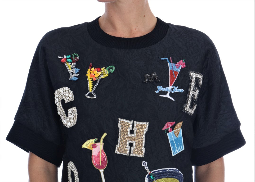 Dolce & Gabbana Black Brocade Cocktail Crystal Sweater-4