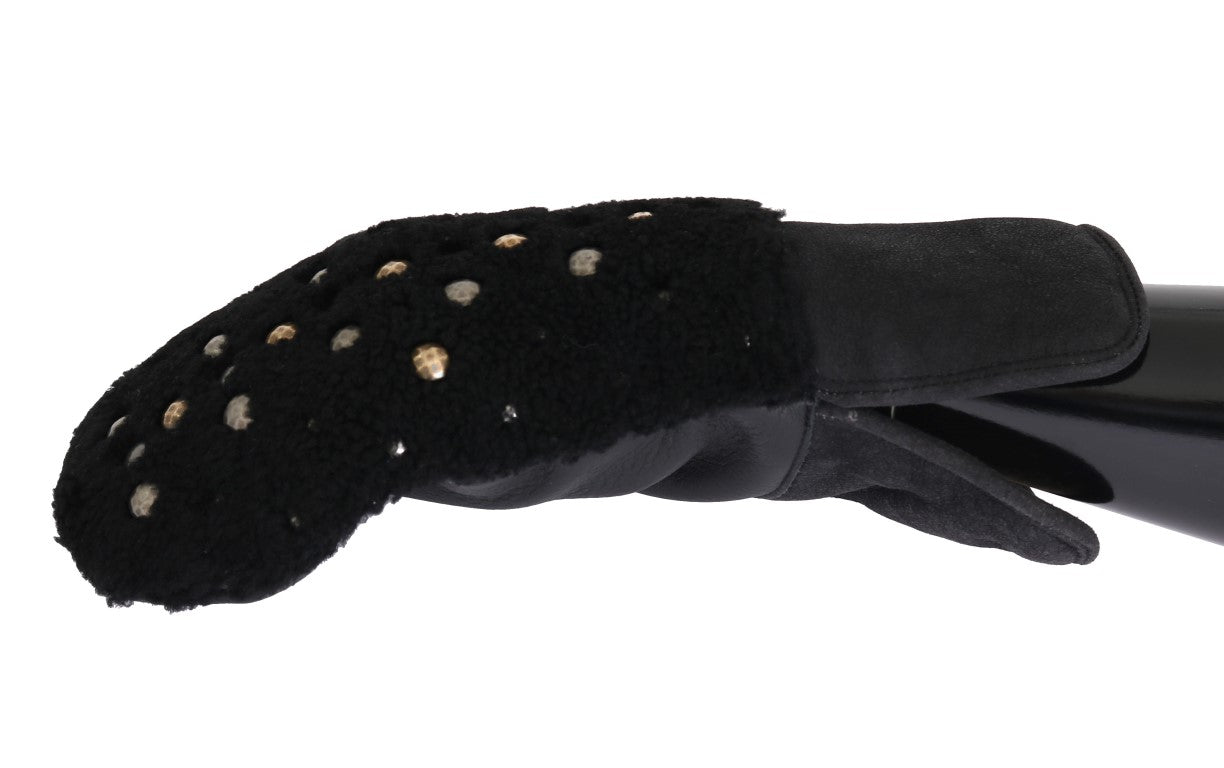 Dolce & Gabbana Black Leather Shearling Gloves with Studs-2