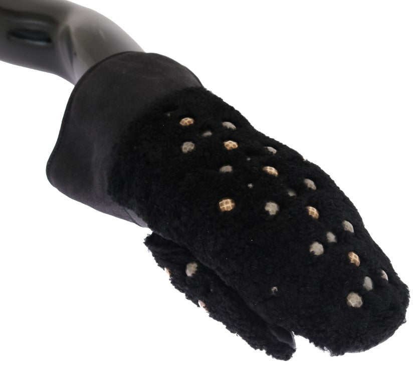 Dolce & Gabbana Black Leather Shearling Gloves with Studs-3