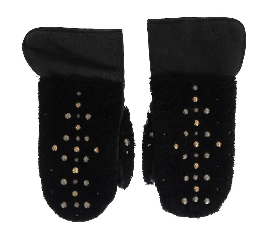 Dolce & Gabbana Black Leather Shearling Gloves with Studs-4