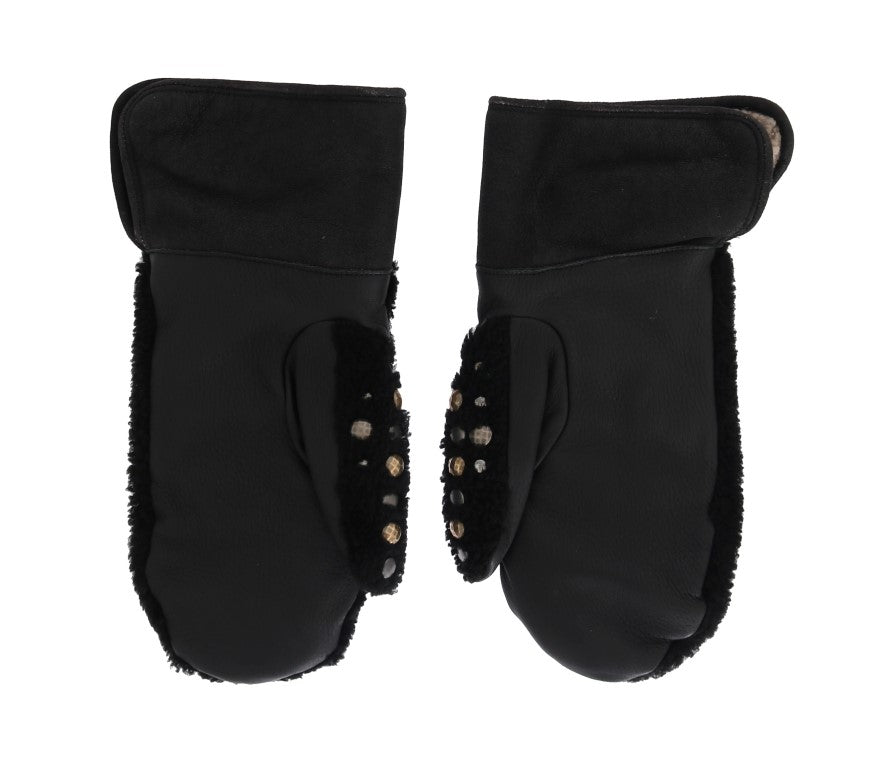 Dolce & Gabbana Black Leather Shearling Gloves with Studs-5