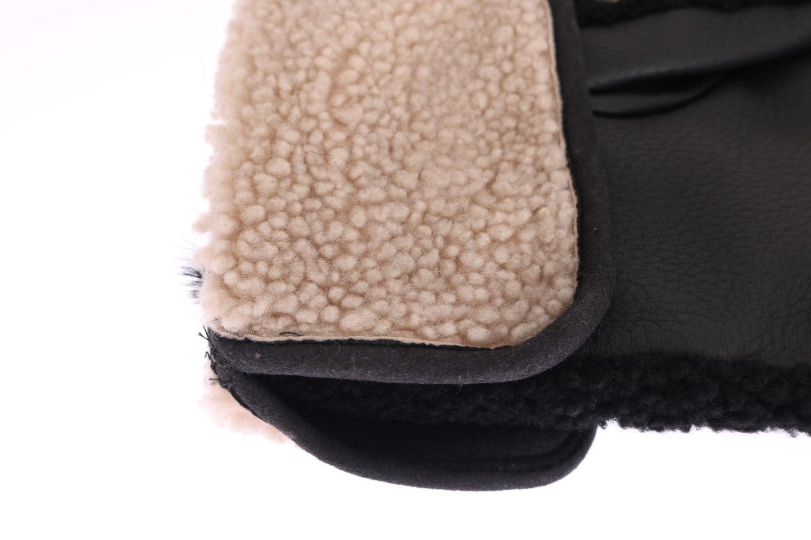 Dolce & Gabbana Black Leather Shearling Gloves with Studs-6