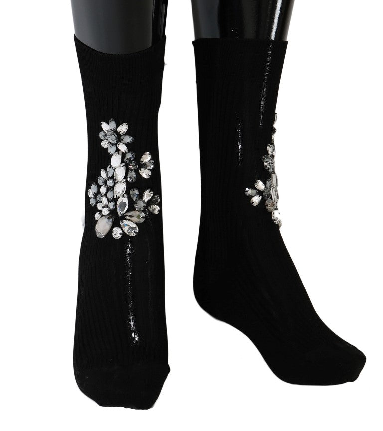 Dolce & Gabbana Black Knitted Floral Clear Crystal Socks-1
