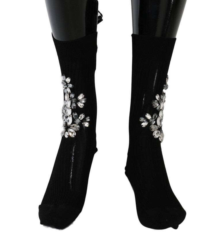 Dolce & Gabbana Black Knitted Floral Clear Crystal Socks-2