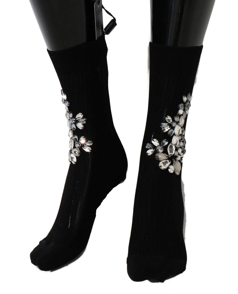 Dolce & Gabbana Black Knitted Floral Clear Crystal Socks-3