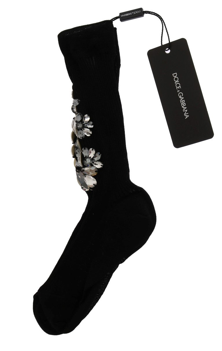 Dolce & Gabbana Black Knitted Floral Clear Crystal Socks-4