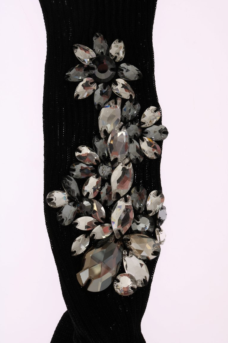 Dolce & Gabbana Black Knitted Floral Clear Crystal Socks-5