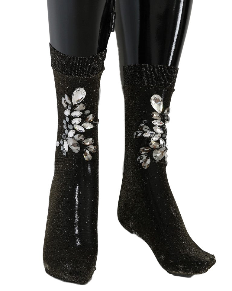 Dolce & Gabbana Black Stretch Floral Socks with Clear Crystal-1