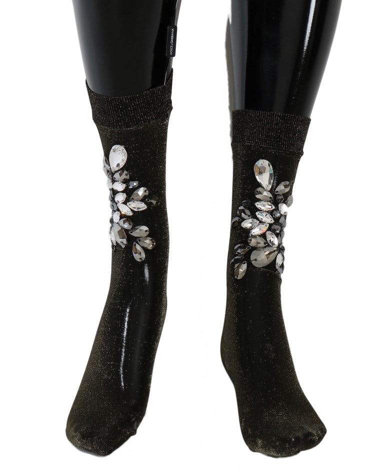 Dolce & Gabbana Black Stretch Floral Socks with Clear Crystal-2