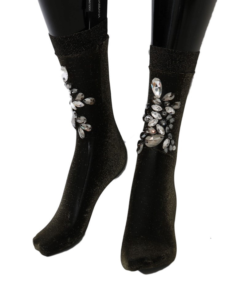 Dolce & Gabbana Black Stretch Floral Socks with Clear Crystal-3