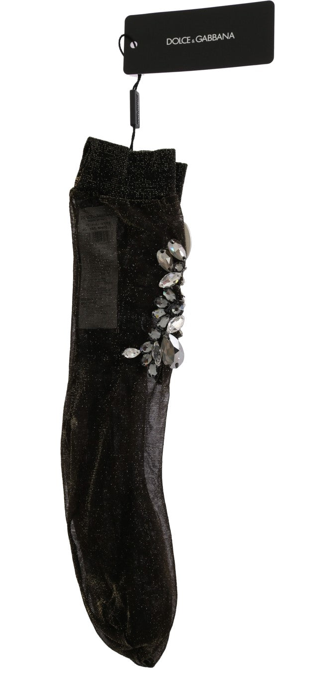 Dolce & Gabbana Black Stretch Floral Socks with Clear Crystal-4