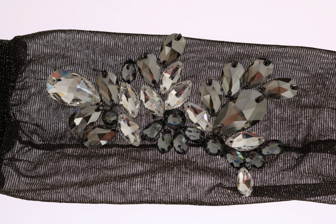 Dolce & Gabbana Black Stretch Floral Socks with Clear Crystal-5
