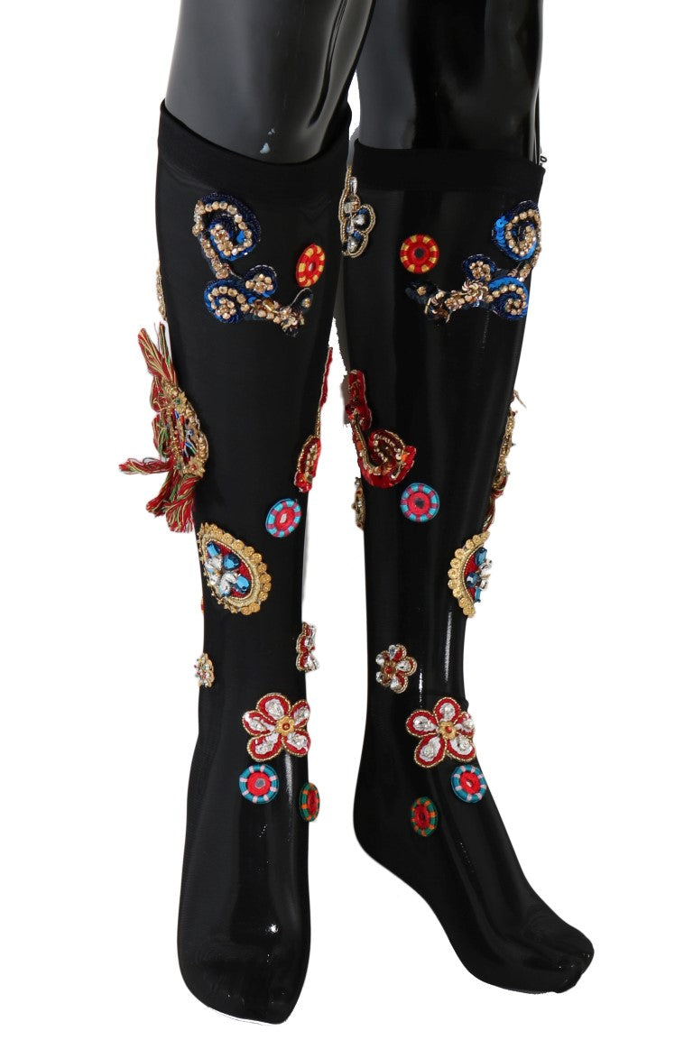 Dolce & Gabbana Black Stretch Carretto Crystal Socks-1
