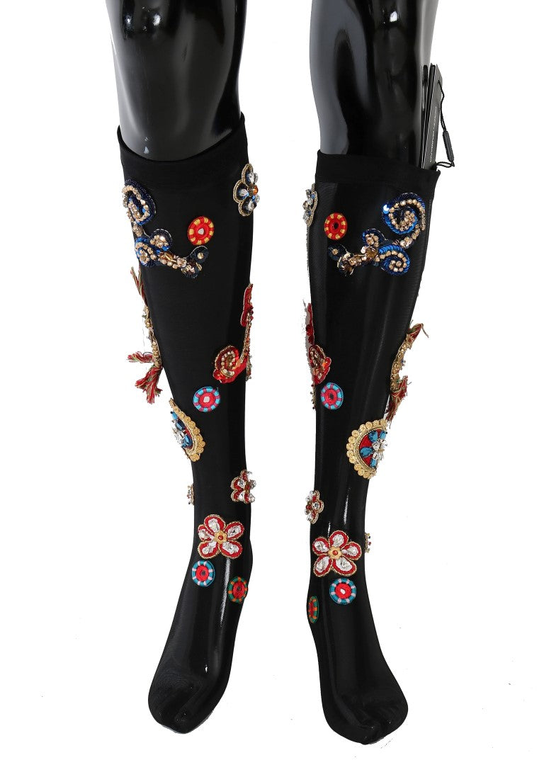 Dolce & Gabbana Black Stretch Carretto Crystal Socks-2