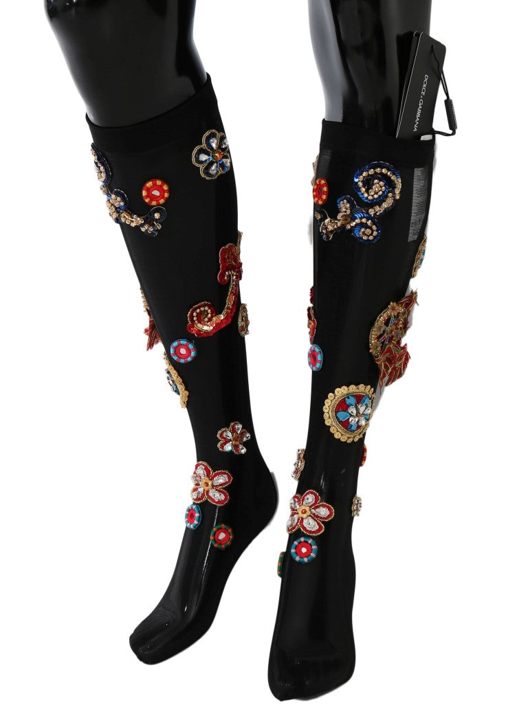 Dolce & Gabbana Black Stretch Carretto Crystal Socks-3