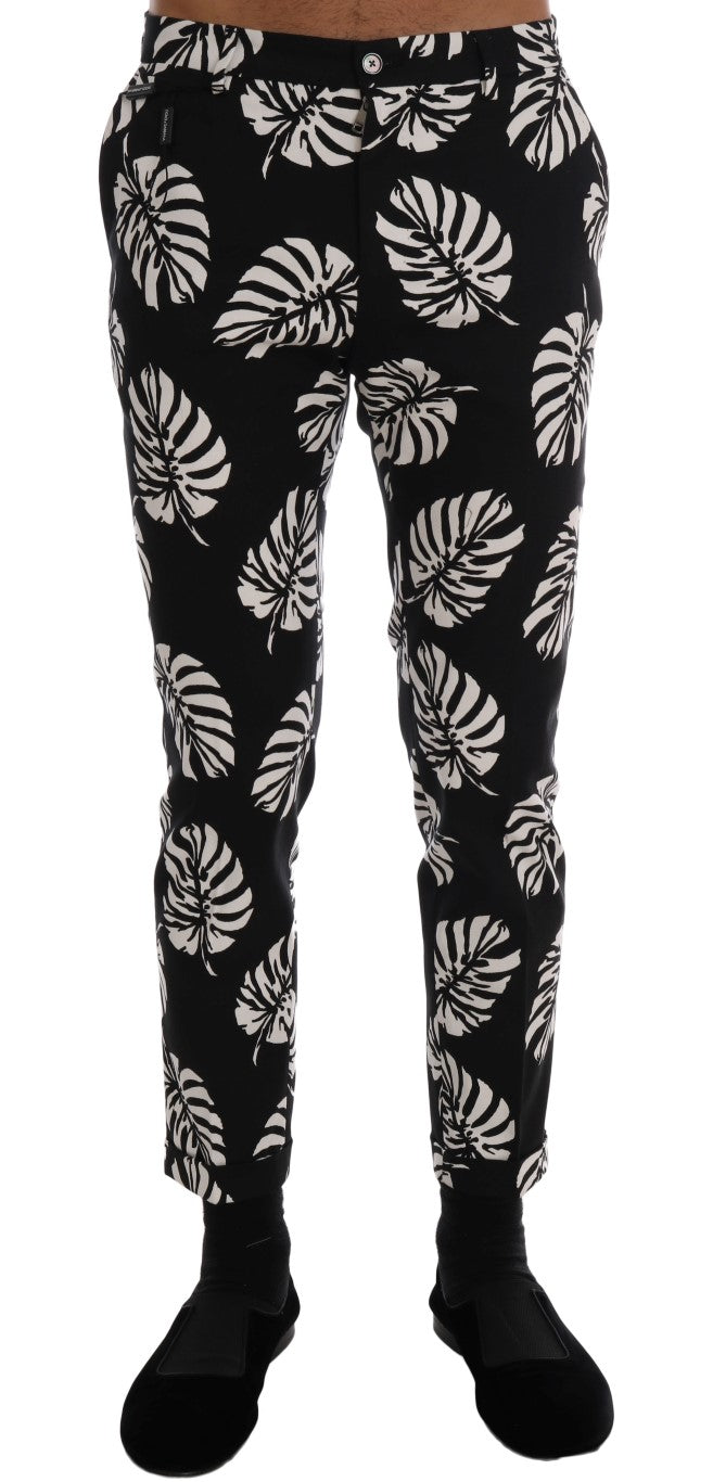 Dolce & Gabbana White Black Leaf Cotton Stretch Slim Pants-1