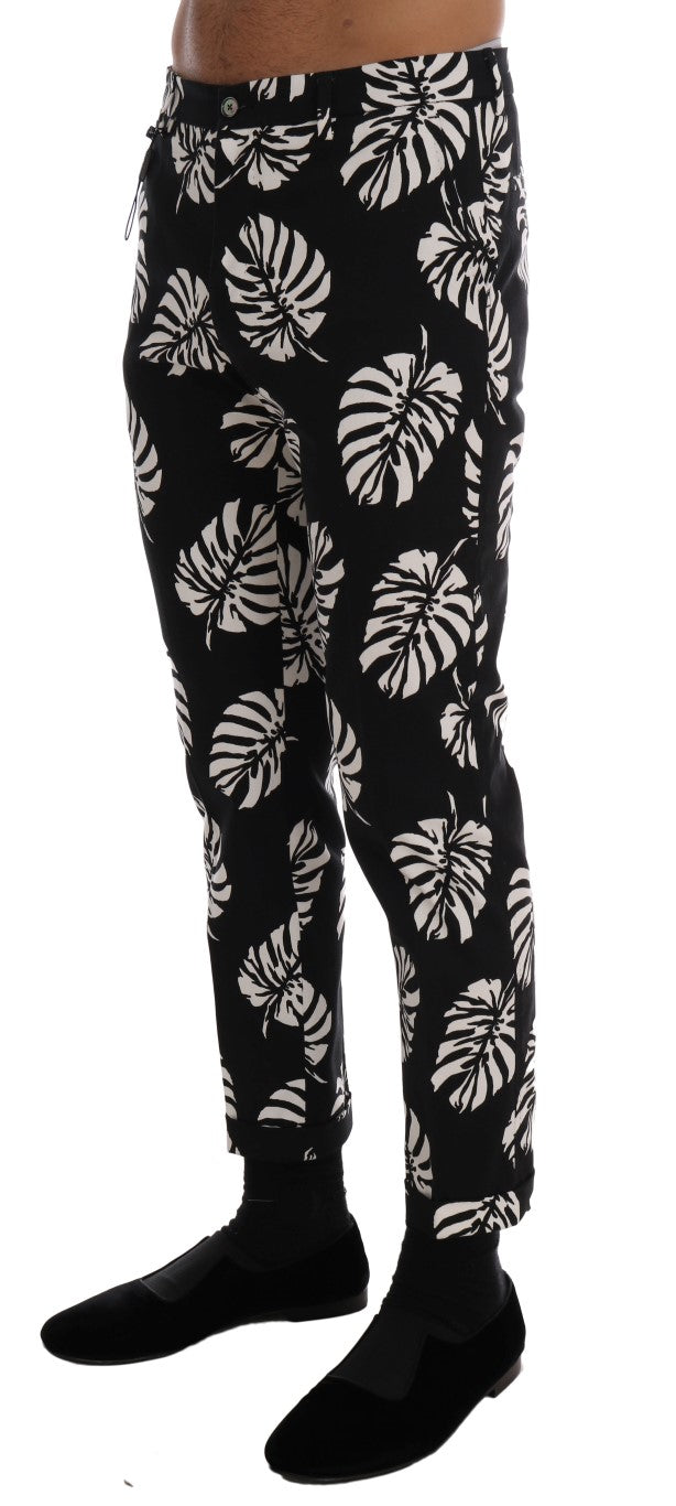 Dolce & Gabbana White Black Leaf Cotton Stretch Slim Pants-2