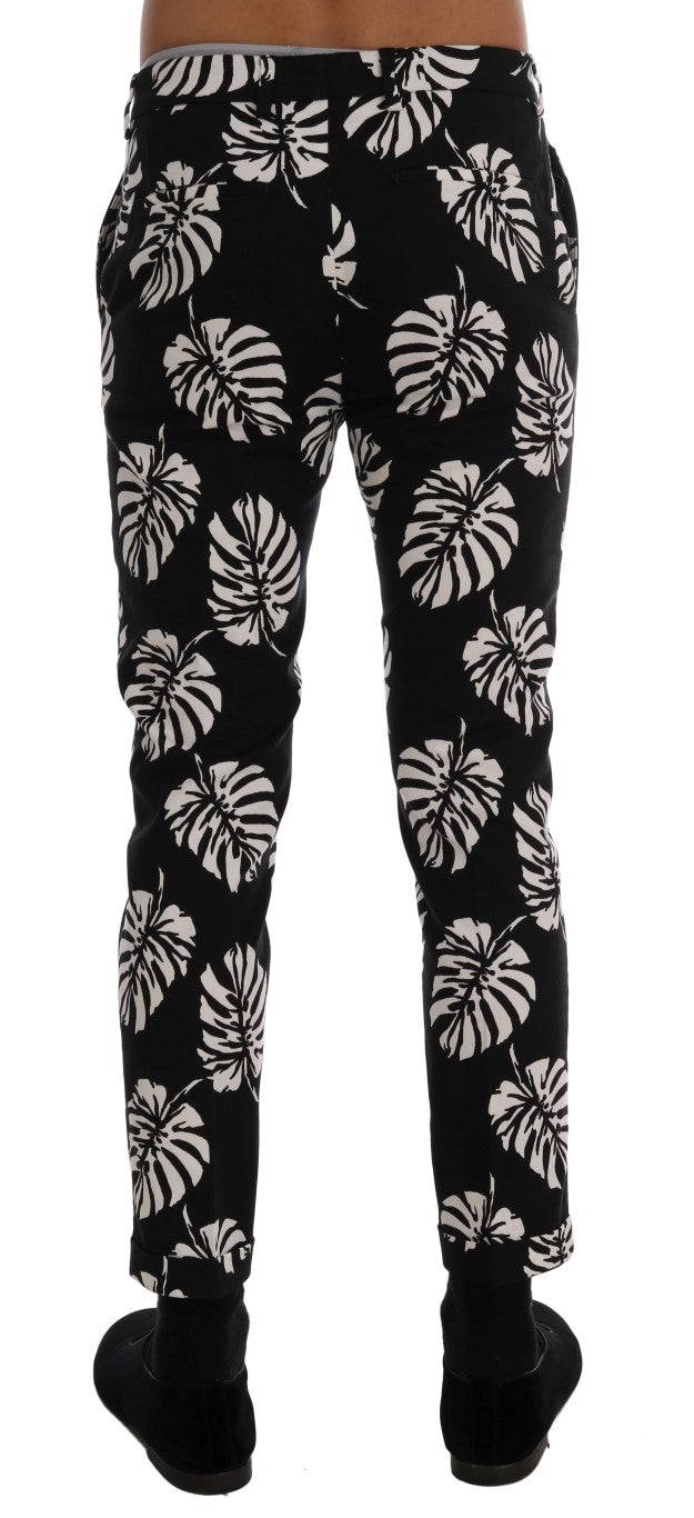 Dolce & Gabbana White Black Leaf Cotton Stretch Slim Pants-3