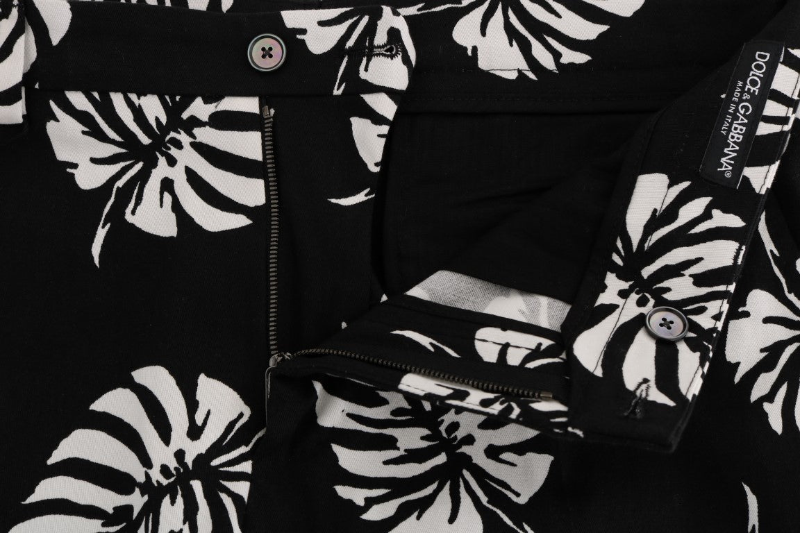 Dolce & Gabbana White Black Leaf Cotton Stretch Slim Pants-5