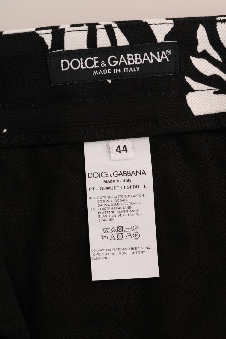 Dolce & Gabbana White Black Leaf Cotton Stretch Slim Pants-6