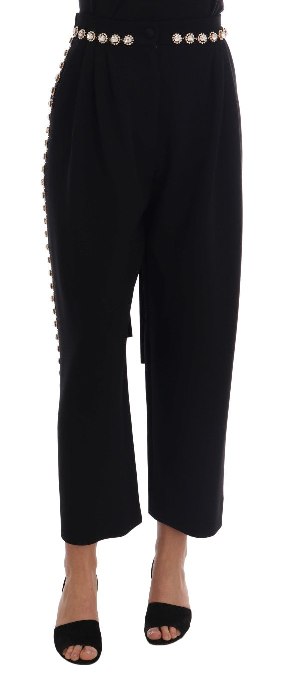 Dolce & Gabbana Black Stretch Crystal Trousers in Wool