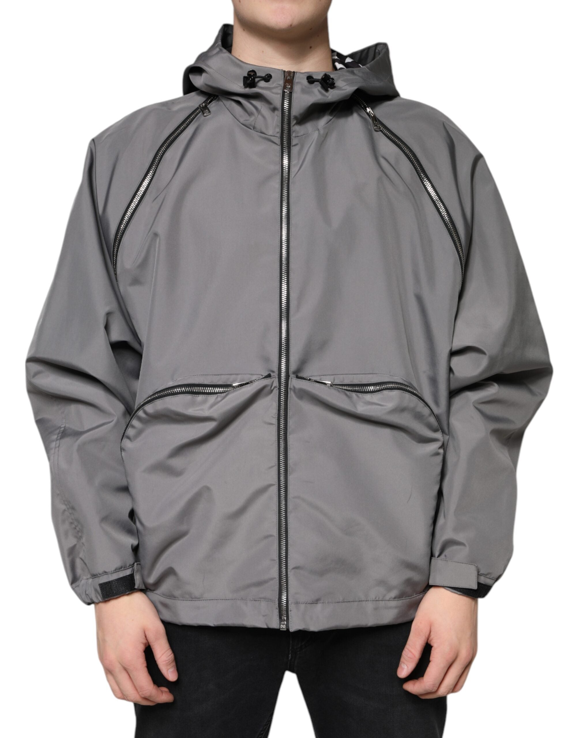 Dolce & Gabbana grey polyester jacket with hood and full zip for men