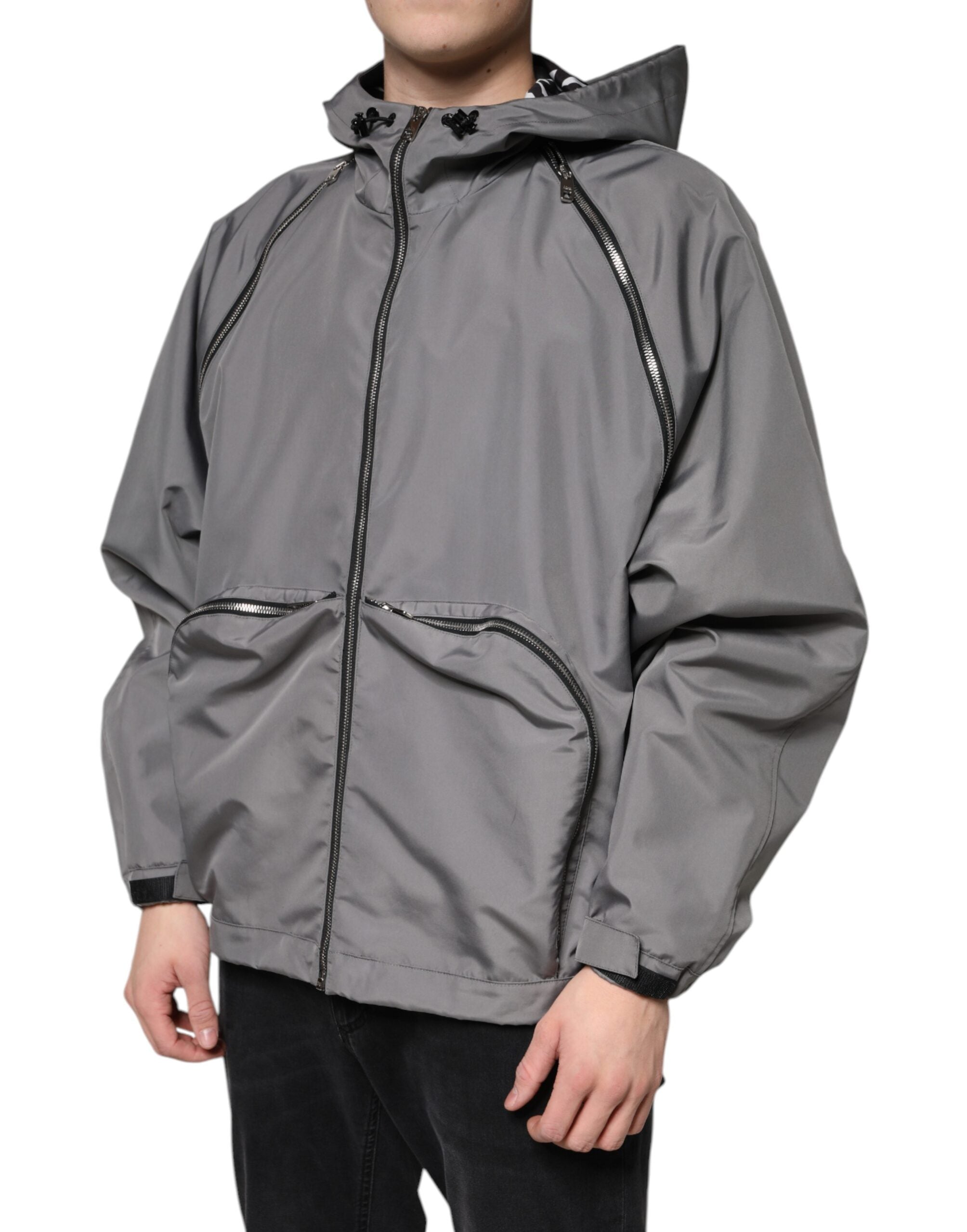 Dolce & Gabbana grey polyester jacket with hood and full zip for men-3