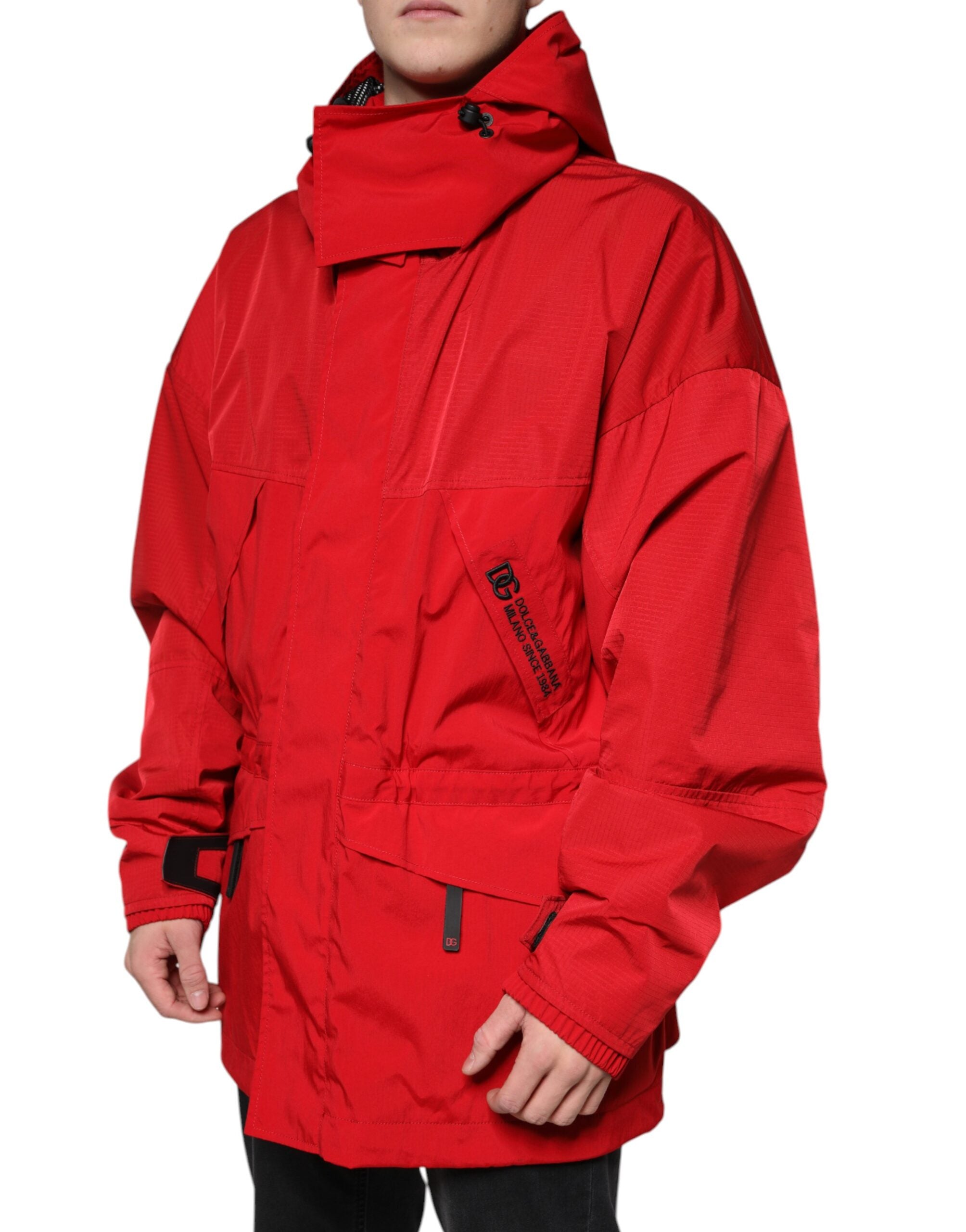 Dolce & Gabbana Rote Nylon Kapuzen-Parka-Jacke für Männer mit Reißverschluss-3