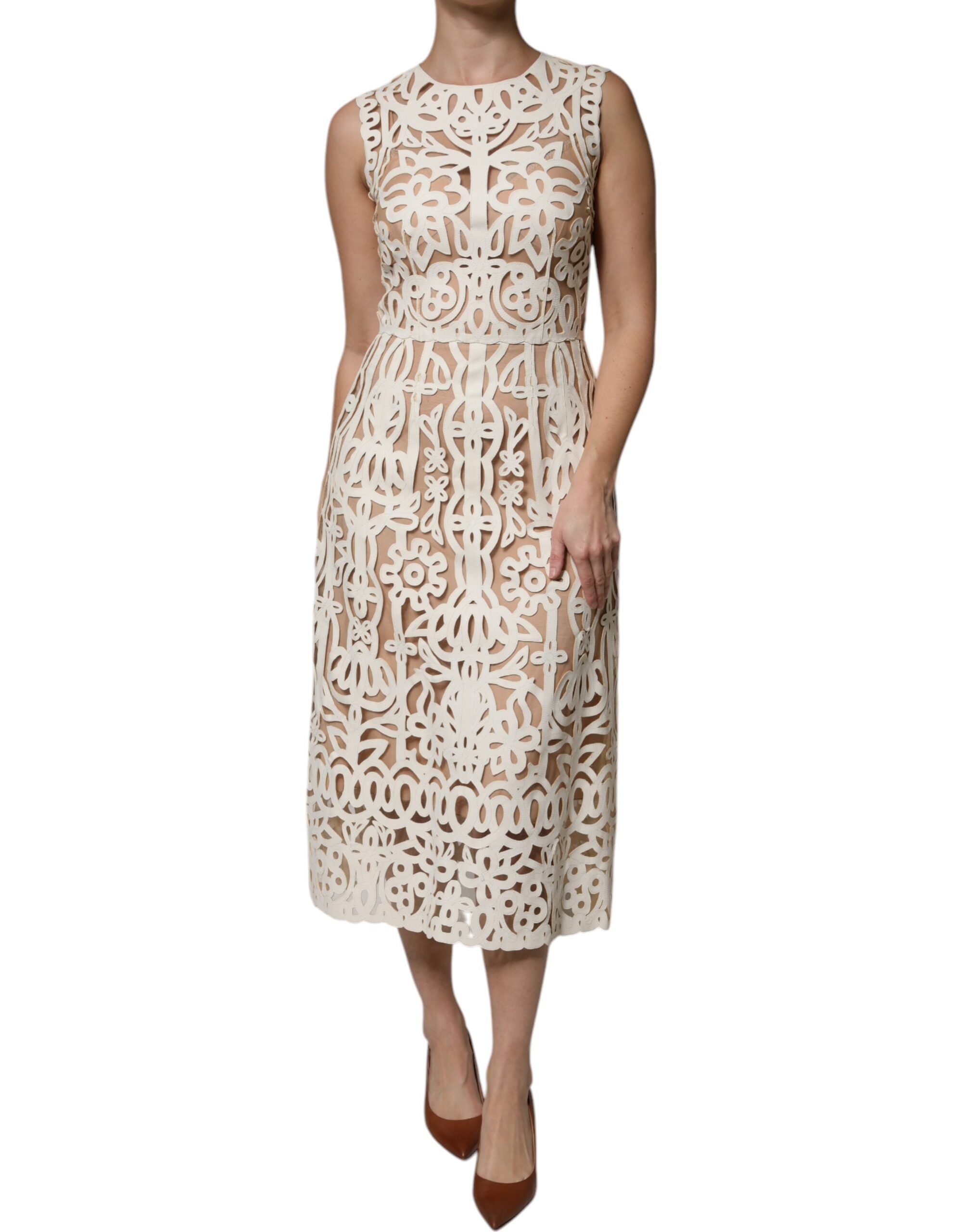 Dolce & Gabbana White Cutout Sleeveless Leather Midi Dress