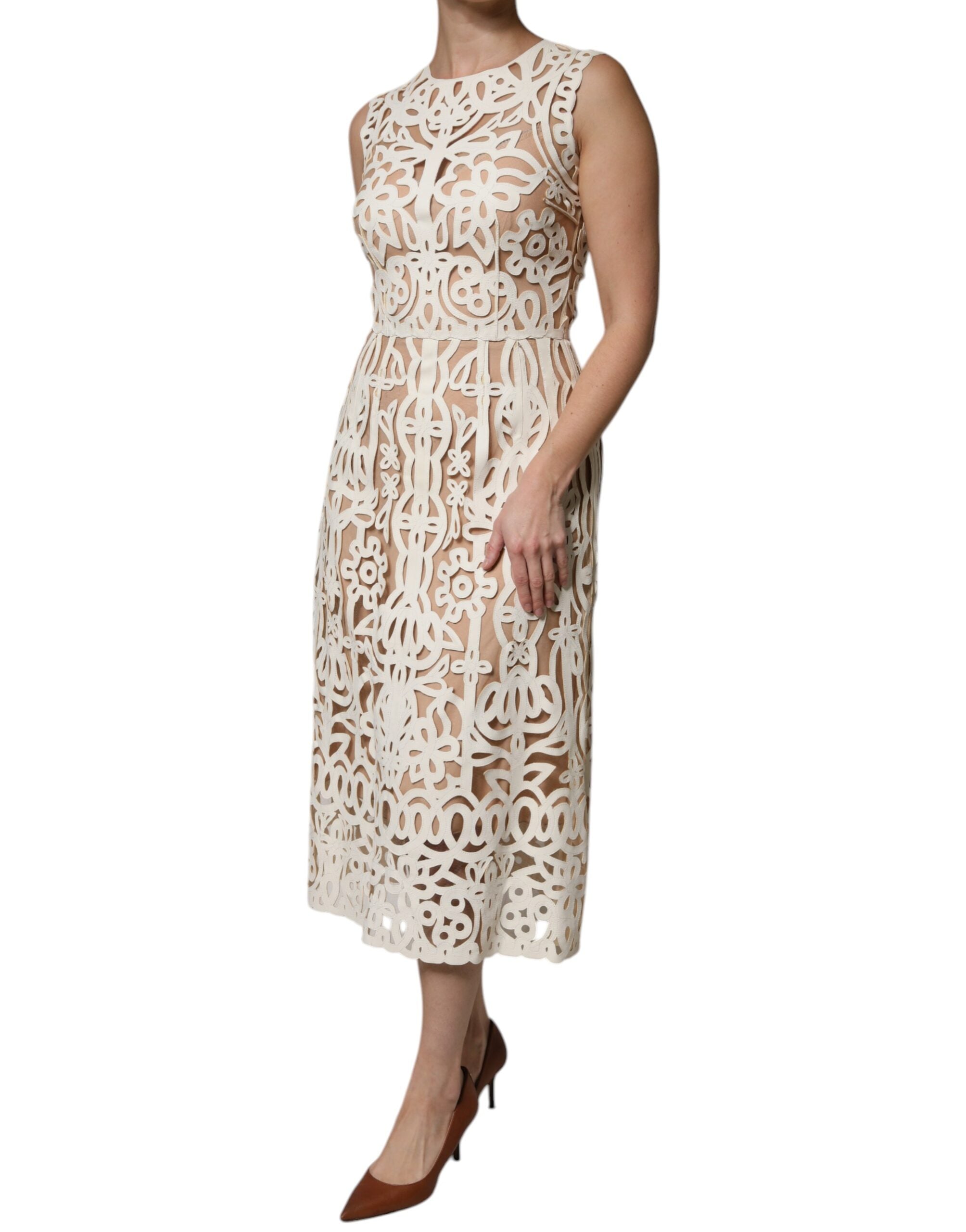 Dolce & Gabbana White Cutout Sleeveless Leather Midi Dress-3