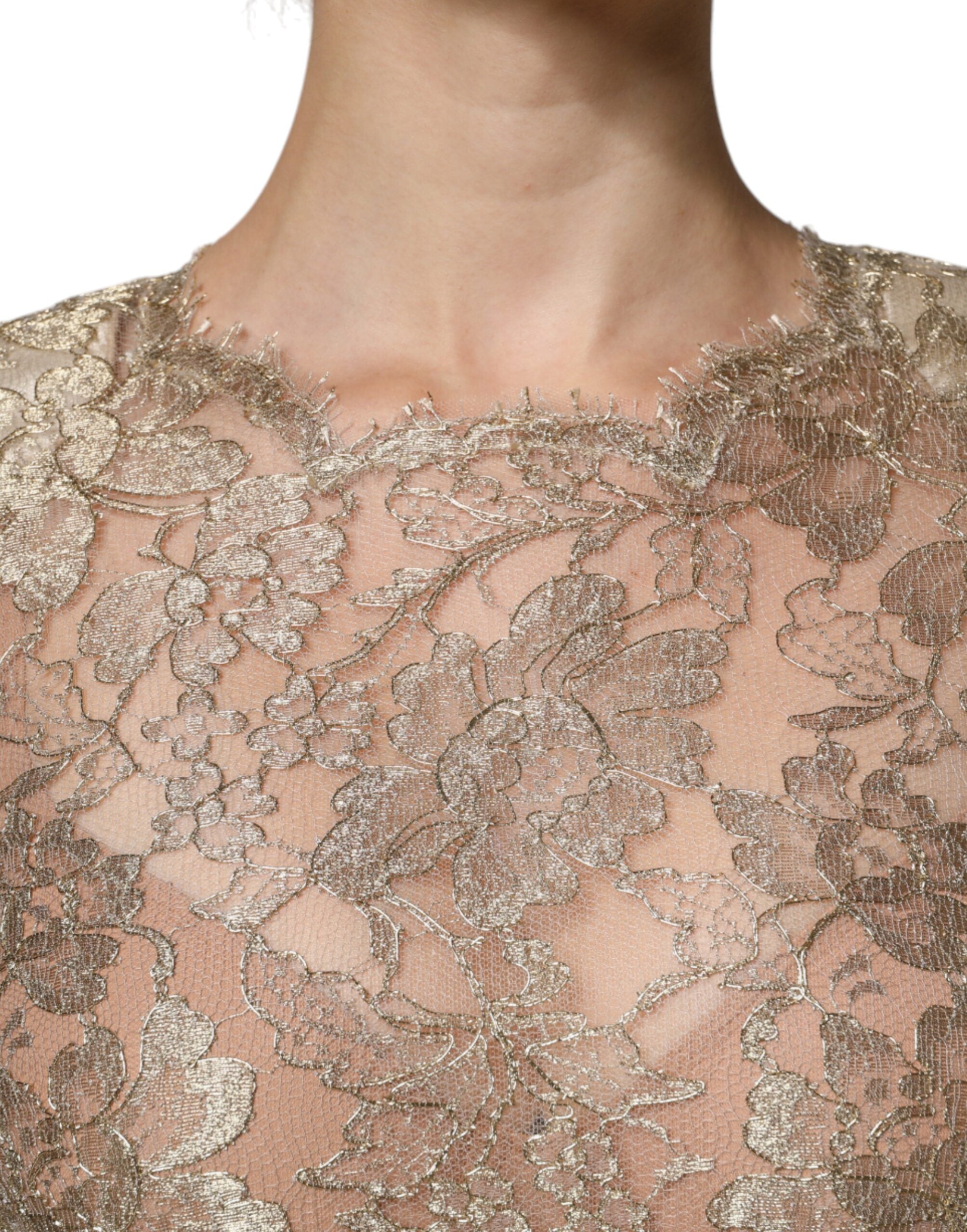 Vestido mini de Dolce & Gabbana en color dorado con encaje floral en corte A y tubo-5