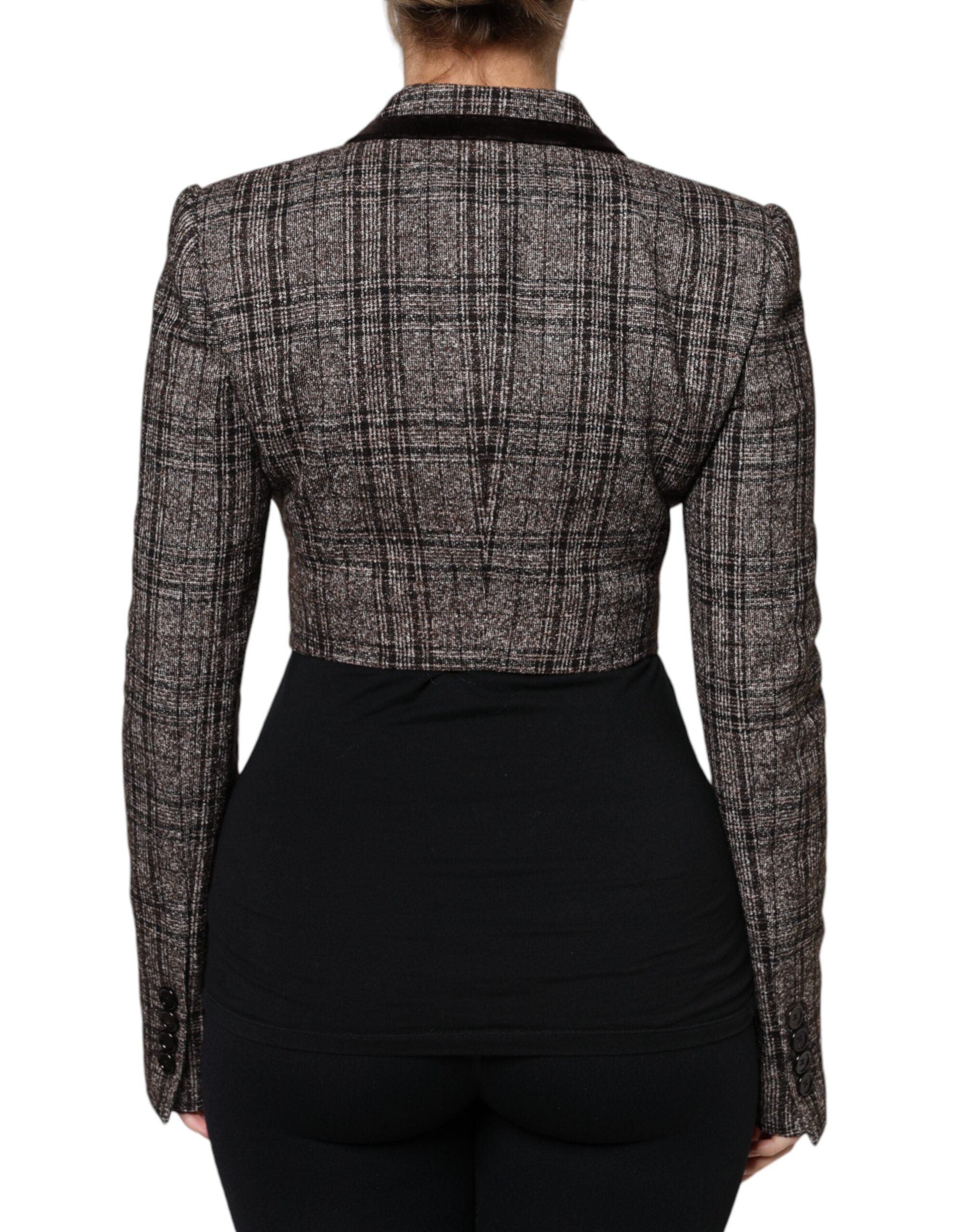 Dolce & Gabbana Brauner karierter Mantel mit langen Ärmeln und verkürzter Jacke-4