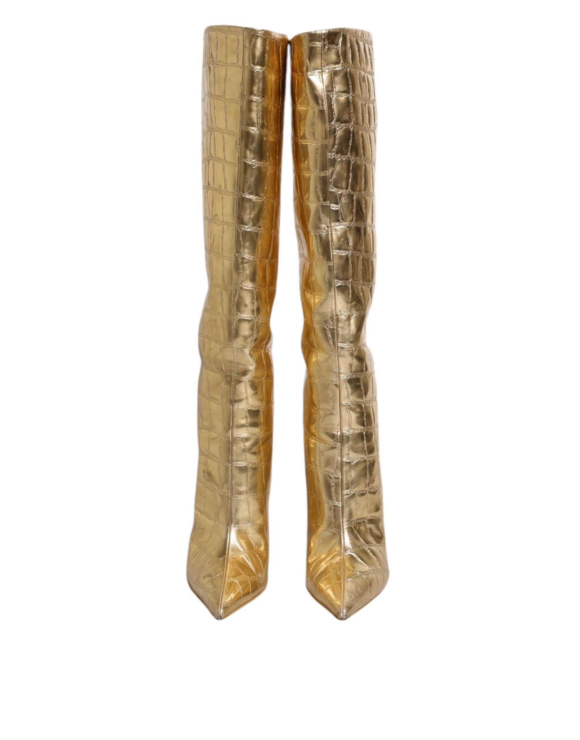 Dolce & Gabbana Gold Leather Stiletto Heels High Boots Shoes-2