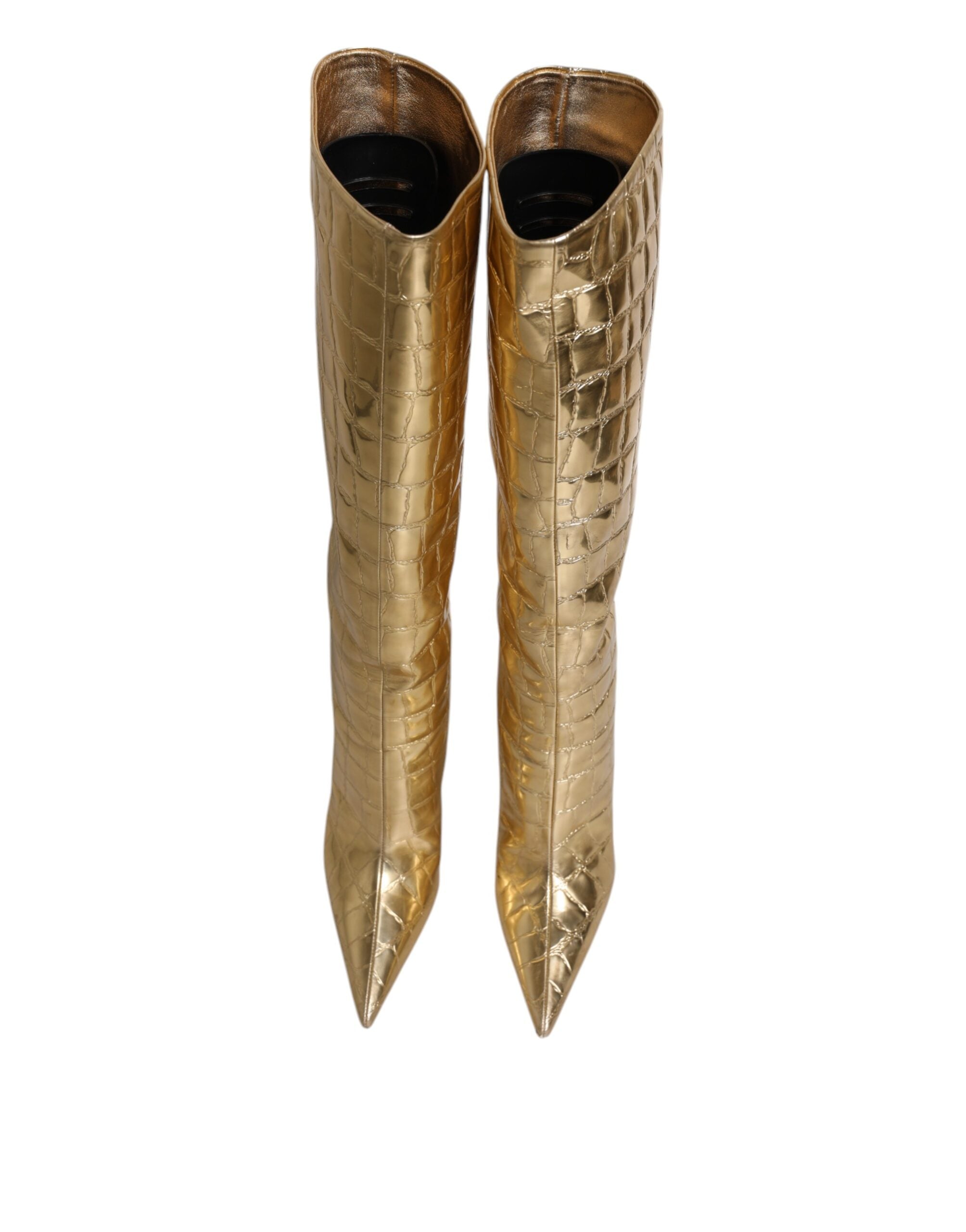 Dolce & Gabbana Gold Leather Stiletto Heels High Boots Shoes-3