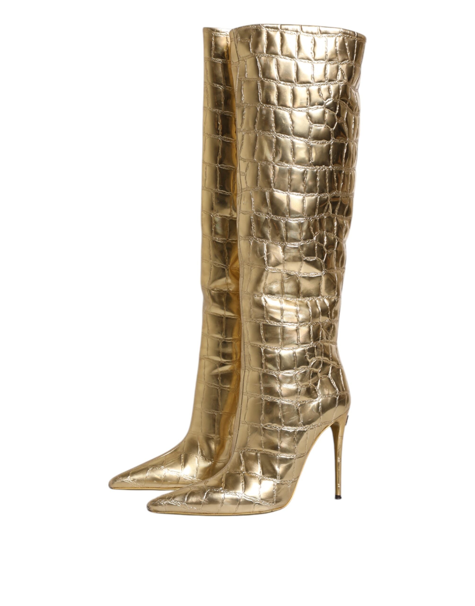 Dolce & Gabbana Gold Leather Stiletto Heels High Boots Shoes-4
