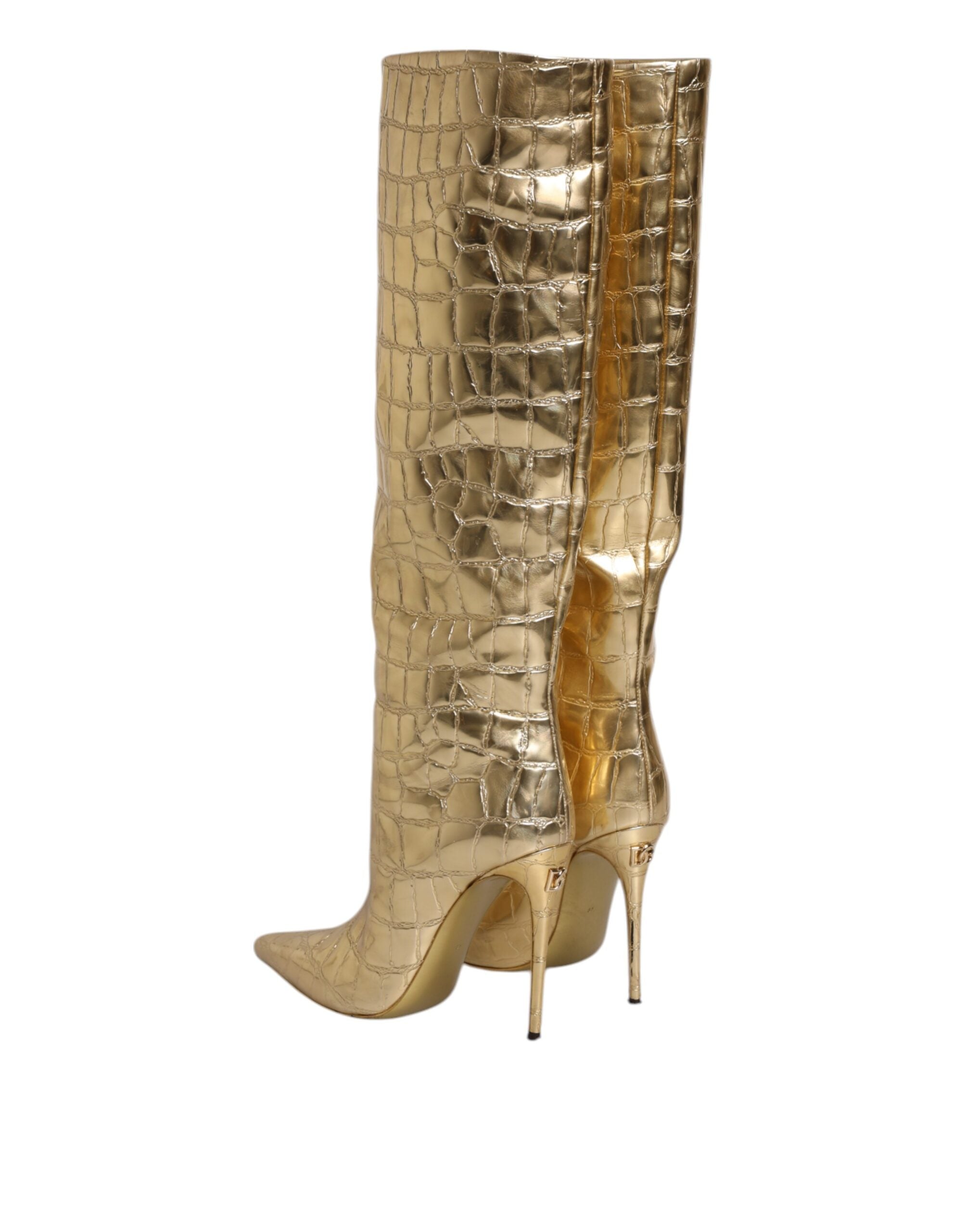 Dolce & Gabbana Gold Leather Stiletto Heels High Boots Shoes-5