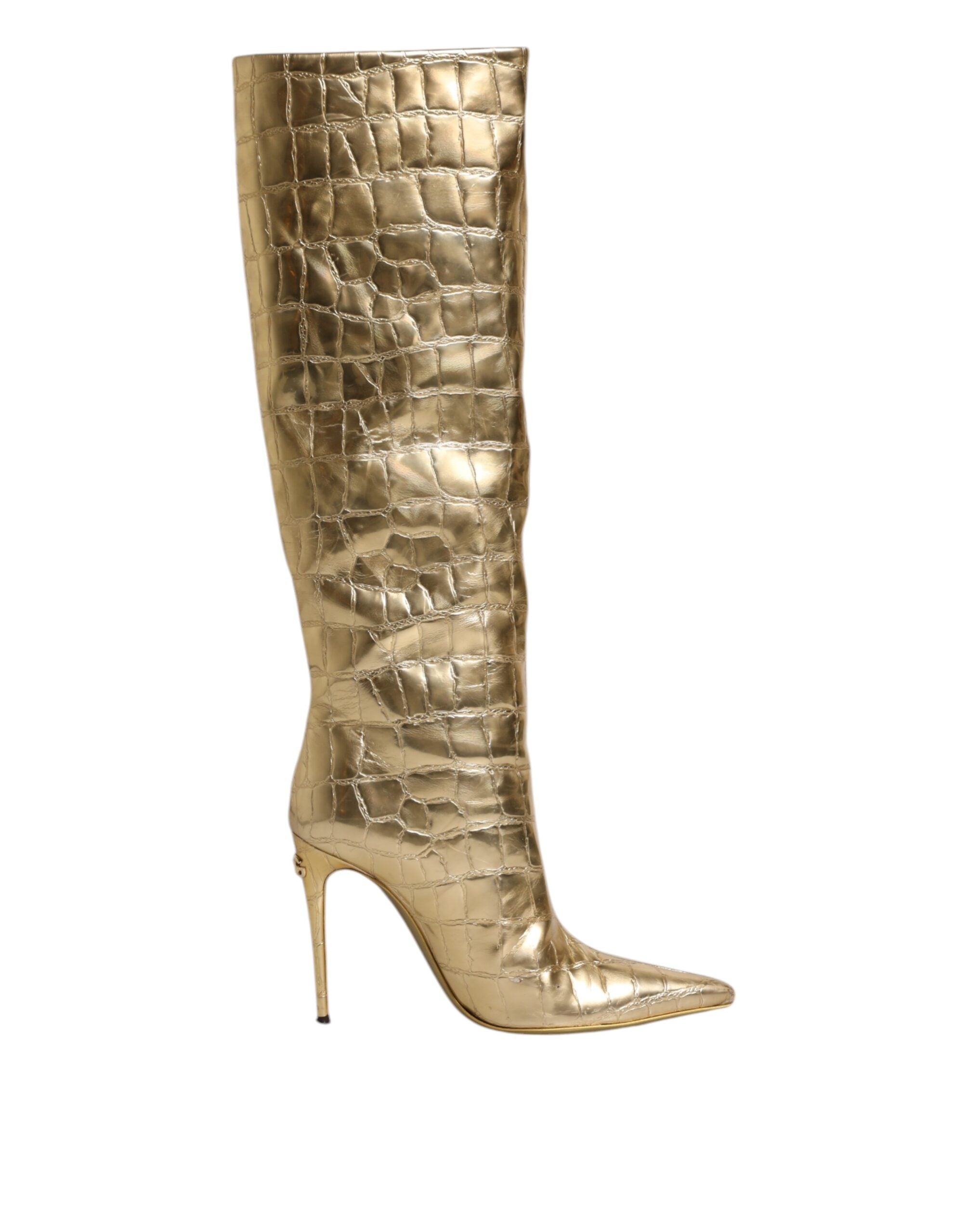 Dolce & Gabbana Gold Leather Stiletto Heels High Boots Shoes-1